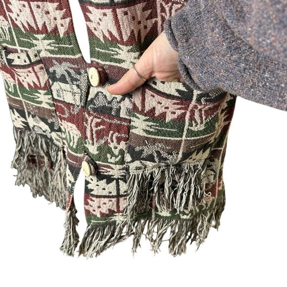 90s Vintage Tapestry Relaxed Rug Vest Pockets Fringe Large Boho Western Farm - Picture 7 of 9